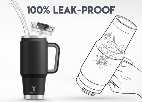 Meoky stainless steel travel mug highlighting durable construction