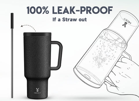 Meoky stainless steel travel mug keeps beverages at temperature.