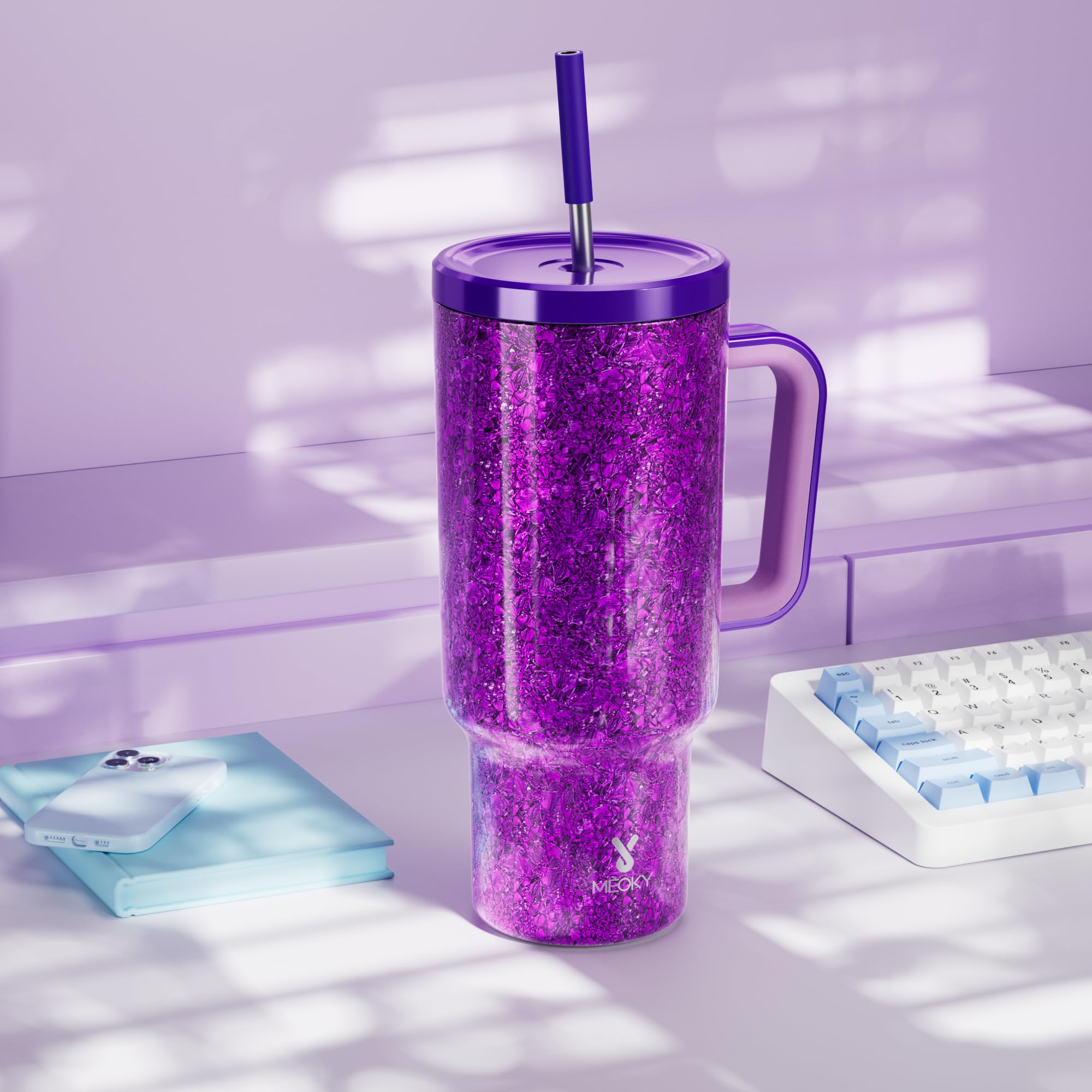 Meoky travel-ready tumbler supports car, office, and home use without leaks.