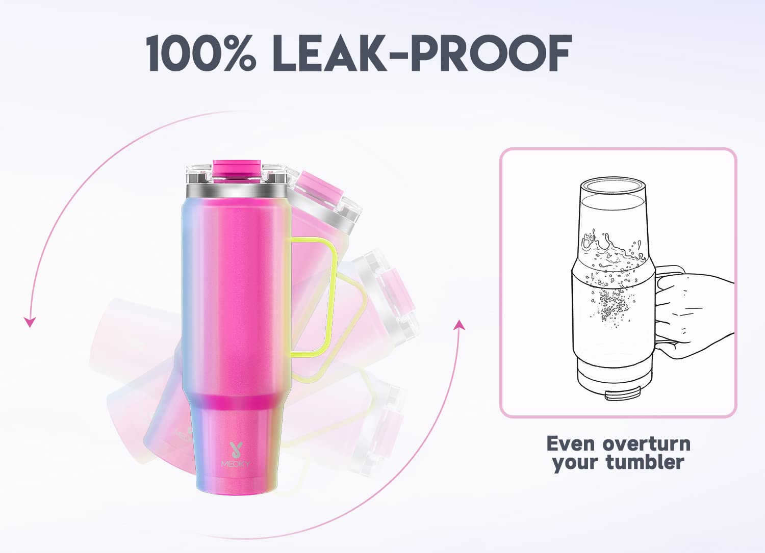 Meoky tumbler fits car cupholders for convenient road hydration.