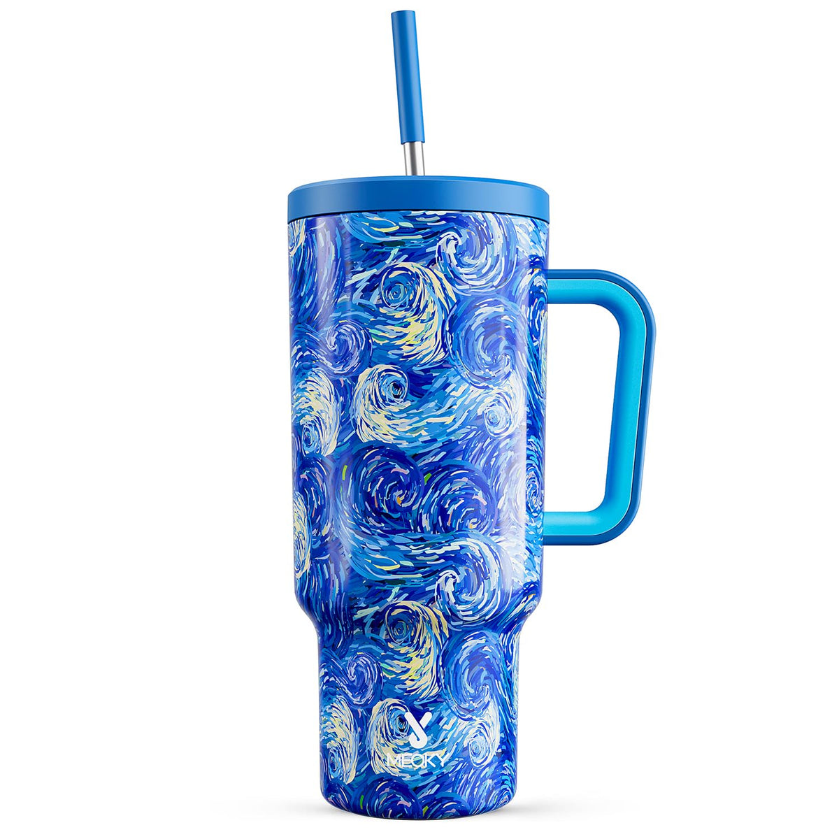 Meoky 40 oz tumbler with handle and straw keeps drinks cold on the go.