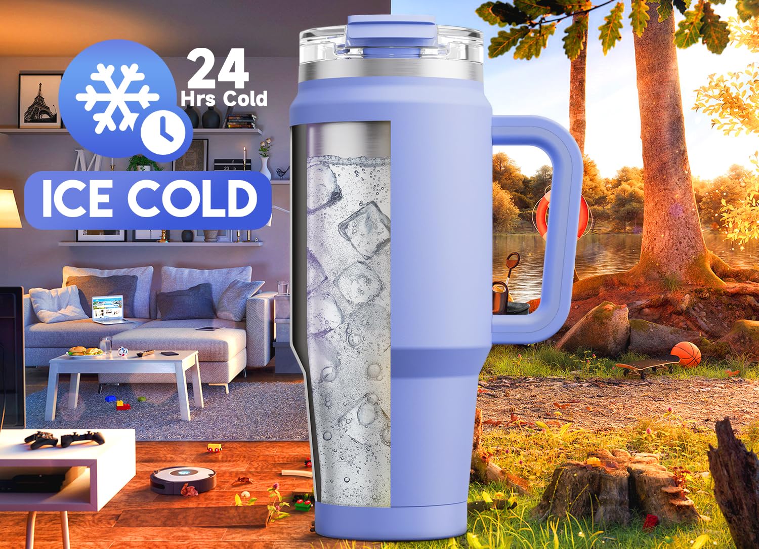 Meoky lilac tumbler lid demonstrates leak-proof design for travel.