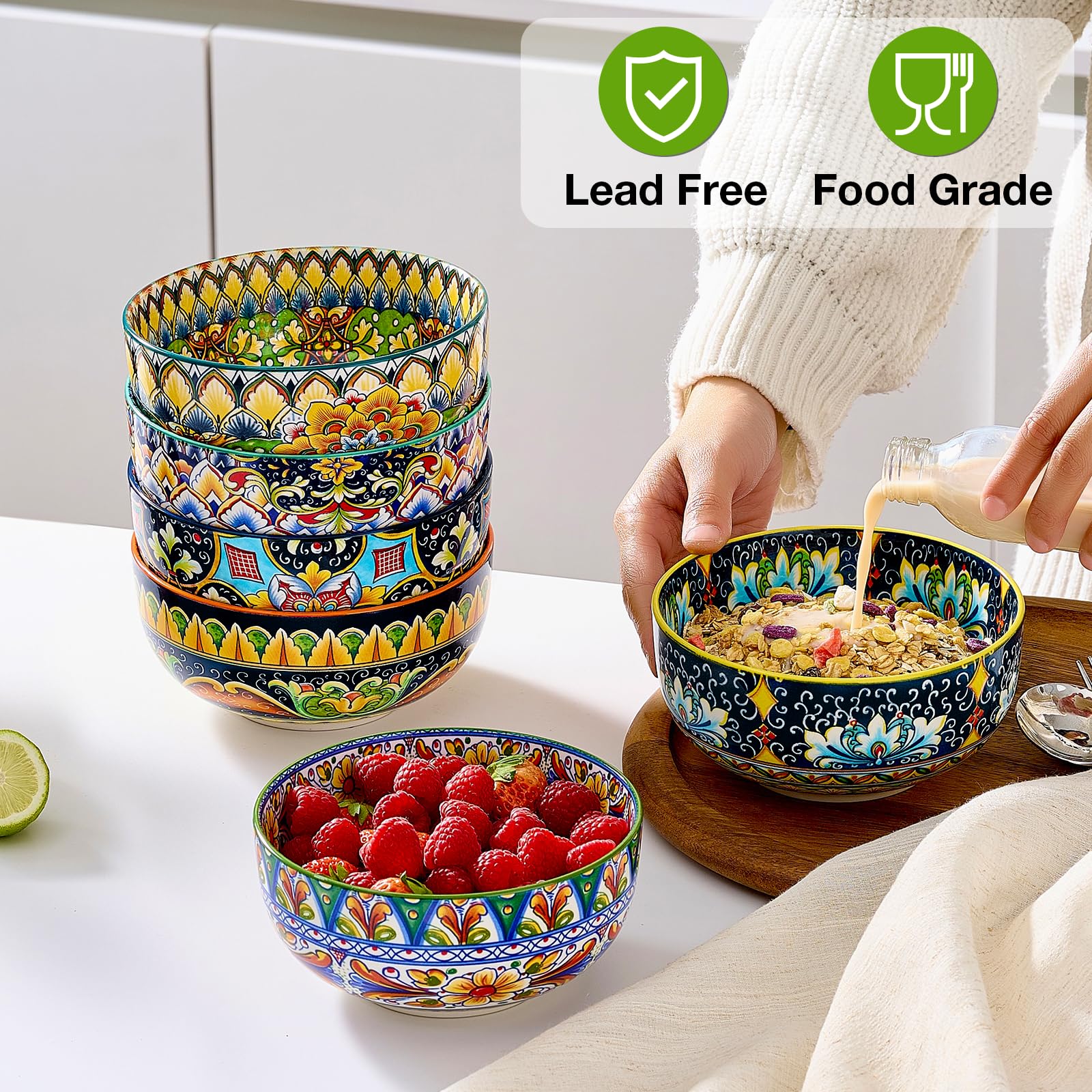 Meolibour bohemian-pattern bowls showcase colorful glaze for lively table settings