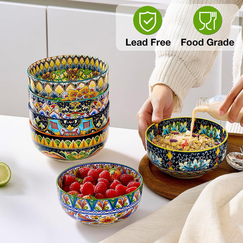 Meolibour bohemian-pattern bowls showcase colorful glaze for lively table settings