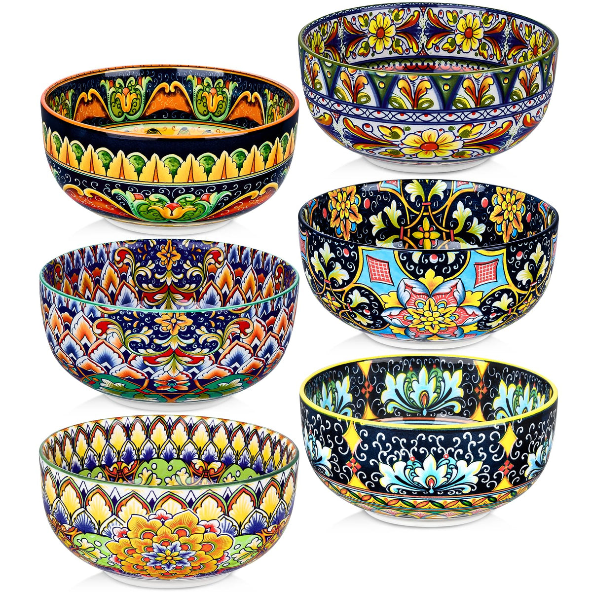 Meolibour ceramic cereal bowls set of 6 in vibrant bohemian pattern, ideal for family meals