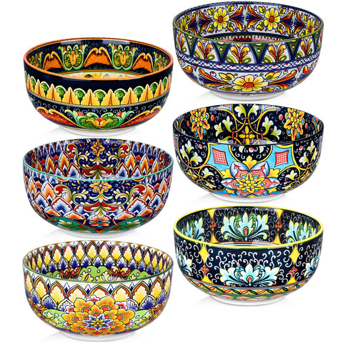Meolibour ceramic cereal bowls set of 6 in vibrant bohemian pattern, ideal for family meals