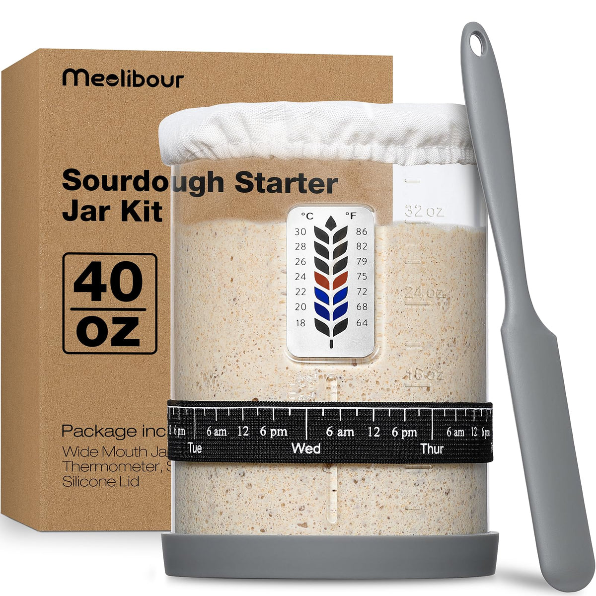 Meolibour premium sourdough starter jar with wide mouth for easy mixing and feeding.