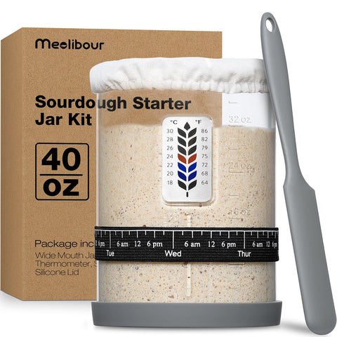 Meolibour premium sourdough starter jar with wide mouth for easy mixing and feeding.
