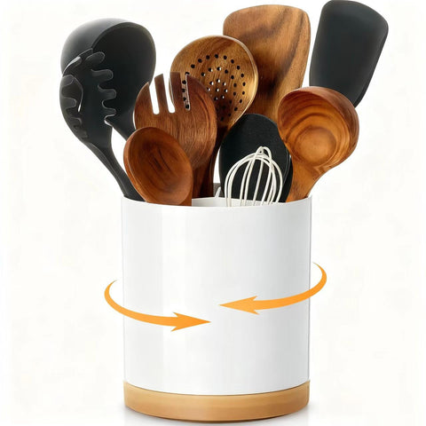 Meolibour utensil holder with 360° rotating base for easy reach during cooking.