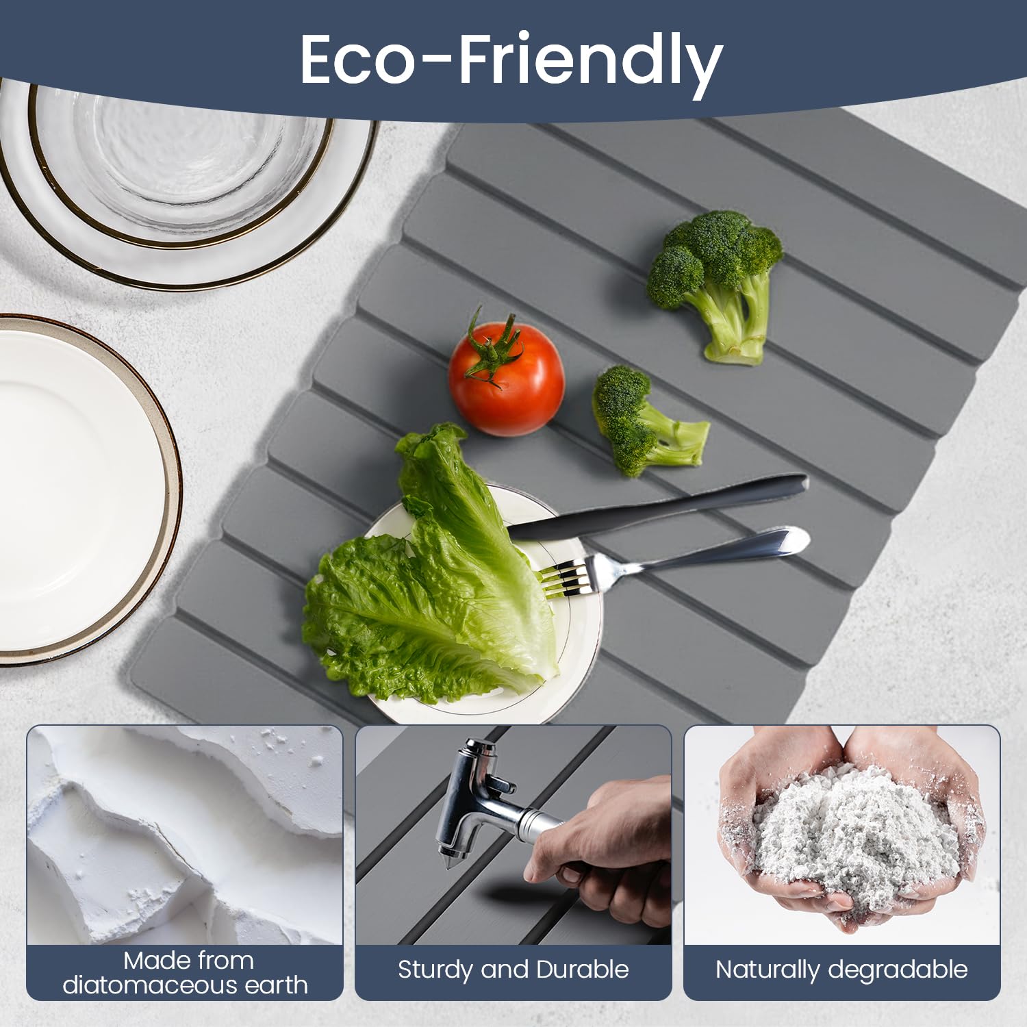 Meowoo Stone Drying Mat with non-slip backing on wet counter.