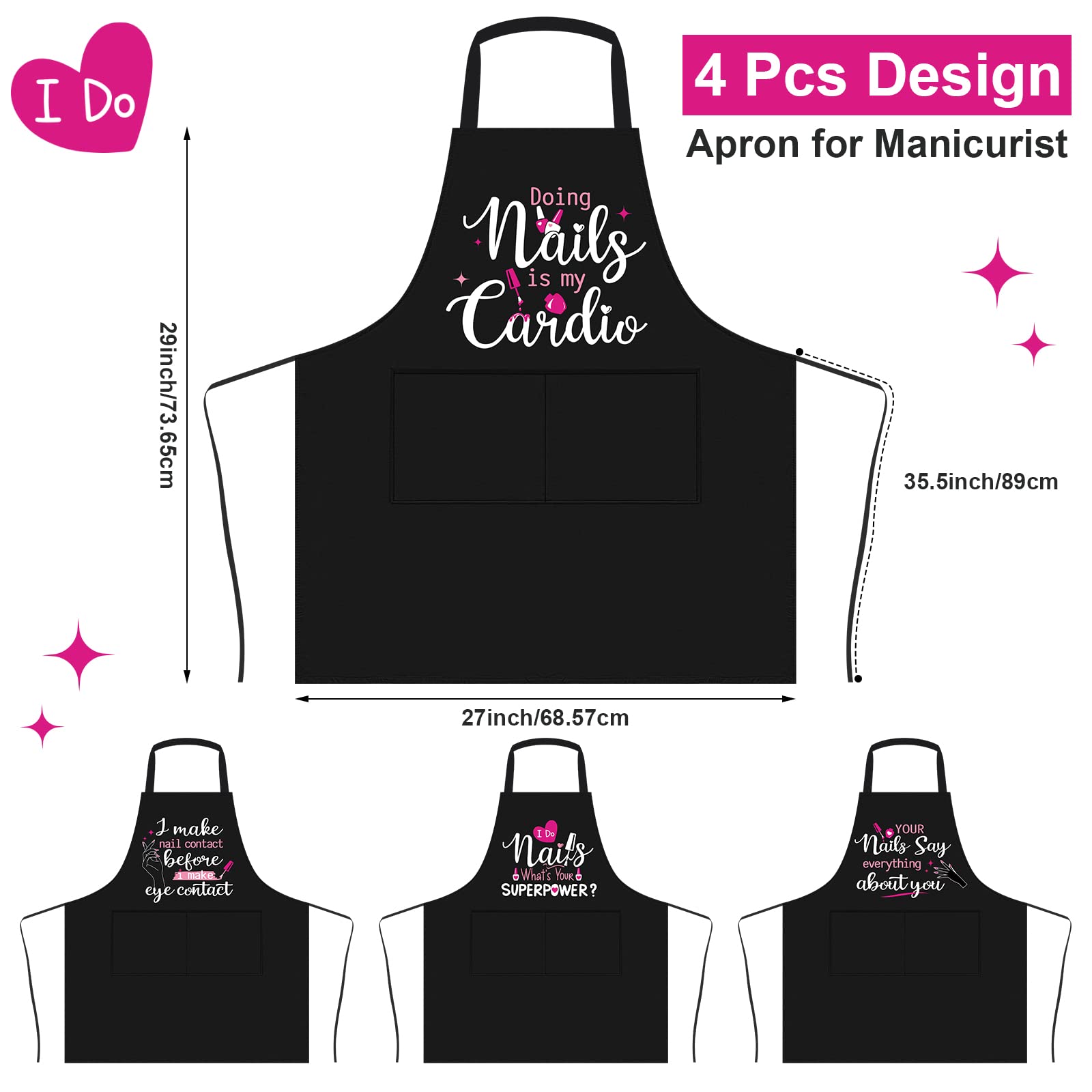 Mepase nail art print apron adds fun ambiance for clients.