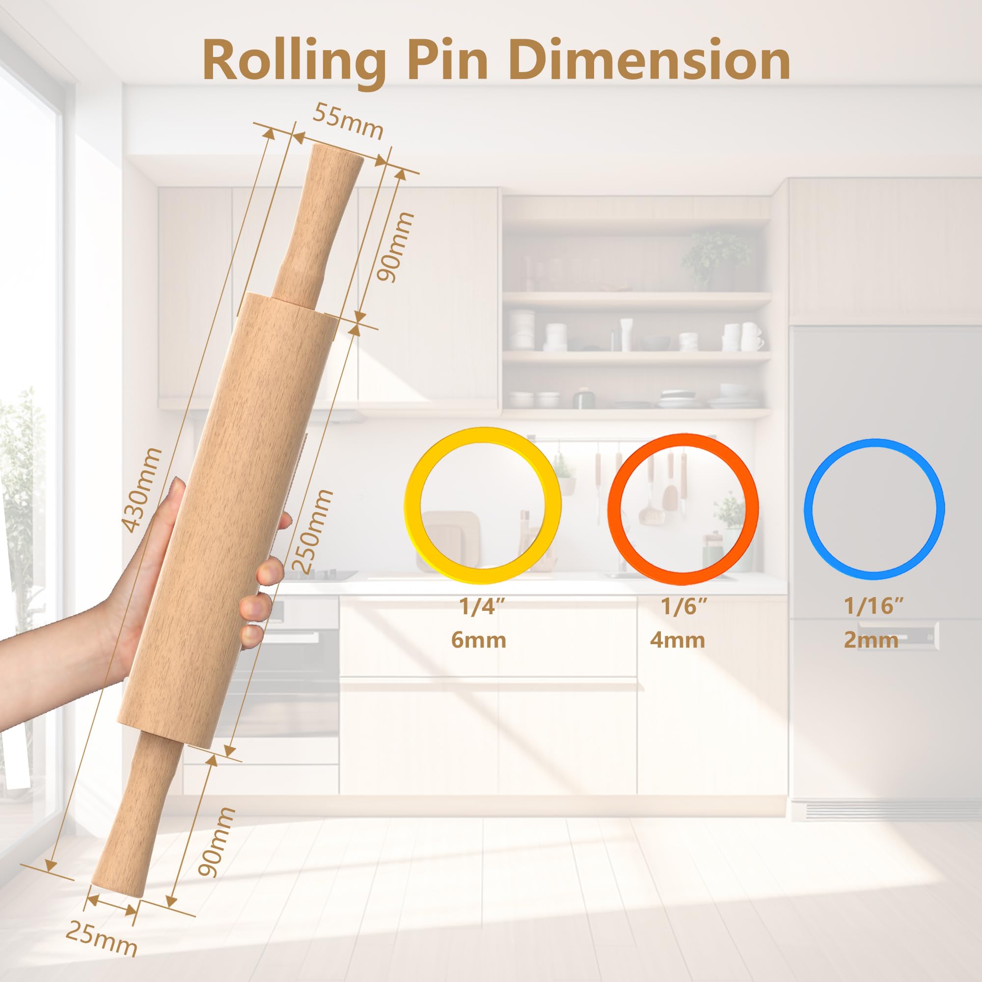 Three-color rings included with Mepple rolling pin for thickness control