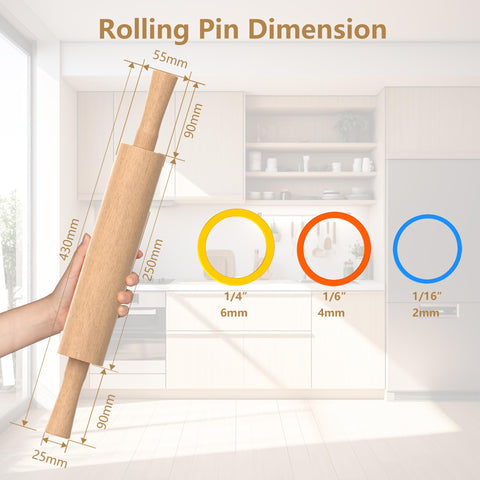 Three-color rings included with Mepple rolling pin for thickness control