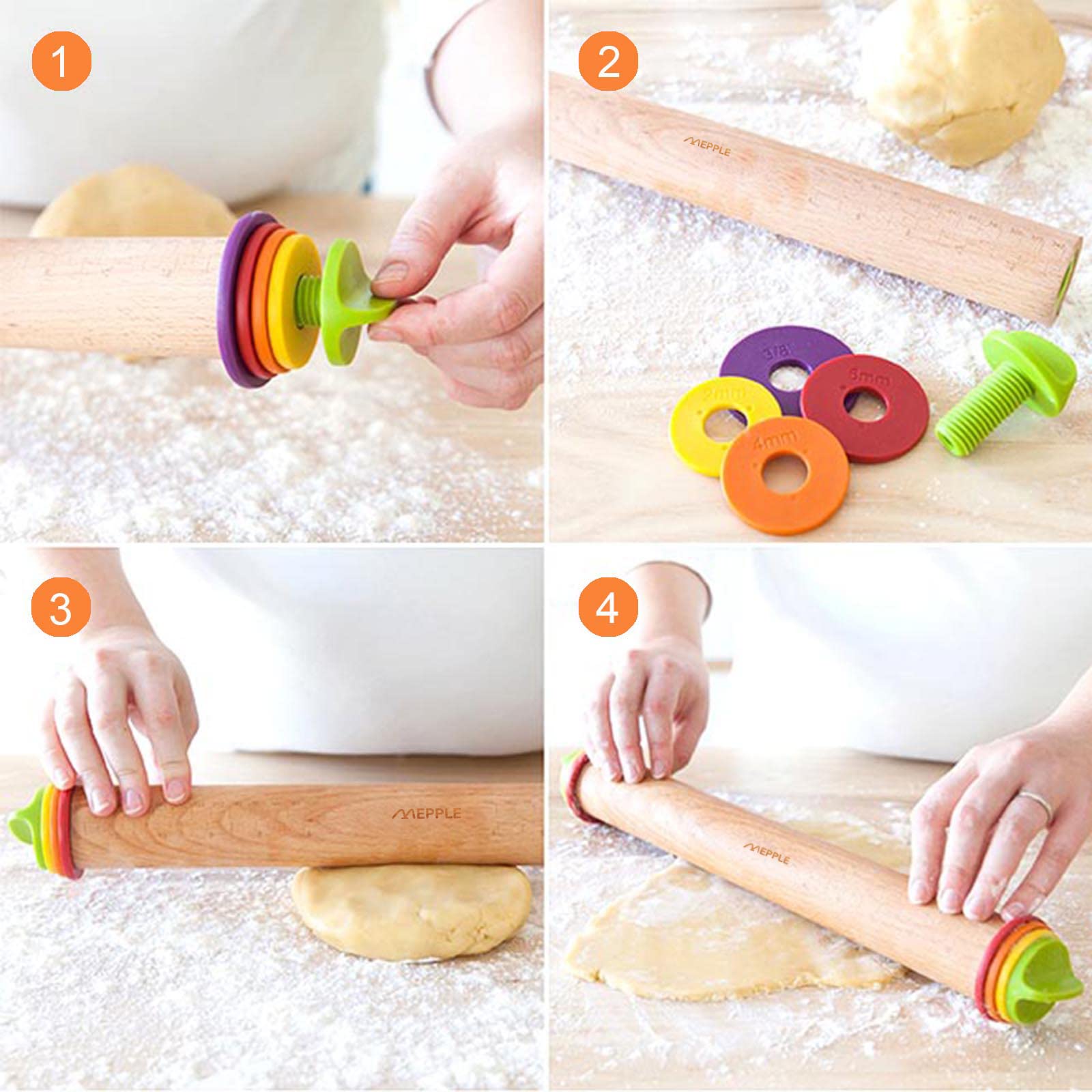 Mepple rolling pin with attached rings demonstrates adjustable dough height