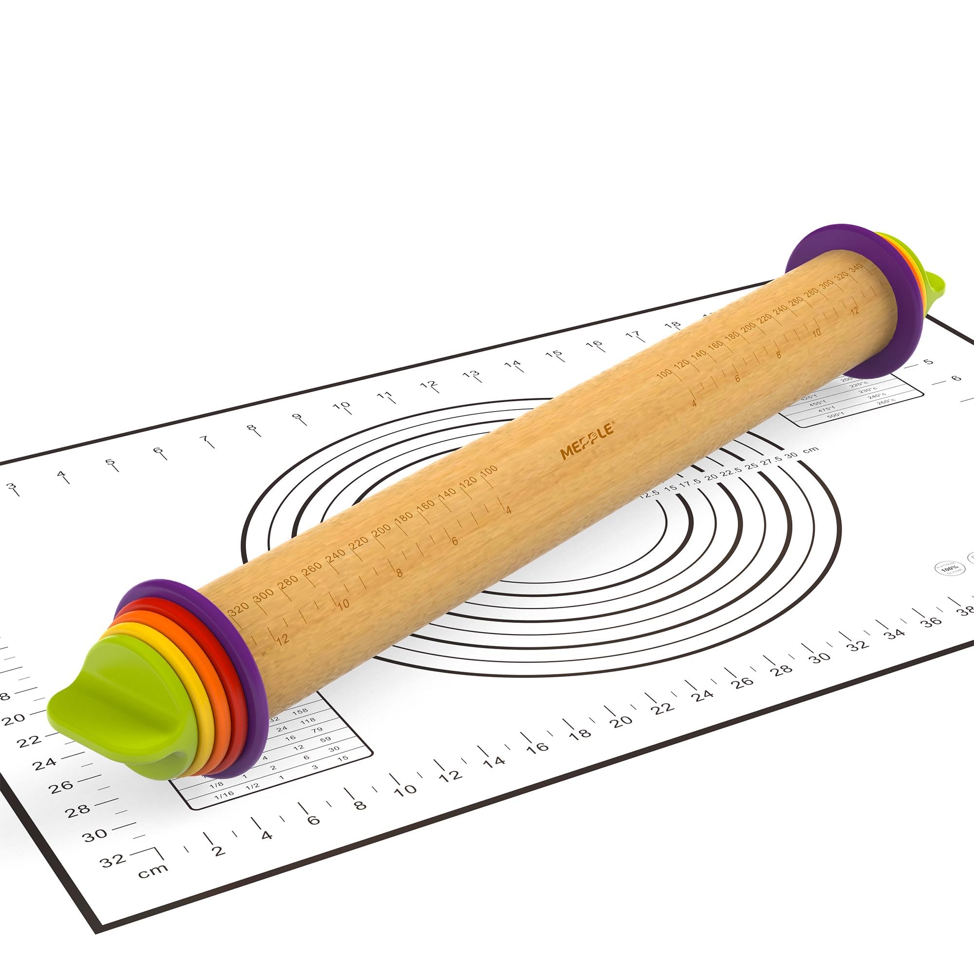 Mepple wooden rolling pin with rings for even dough thickness