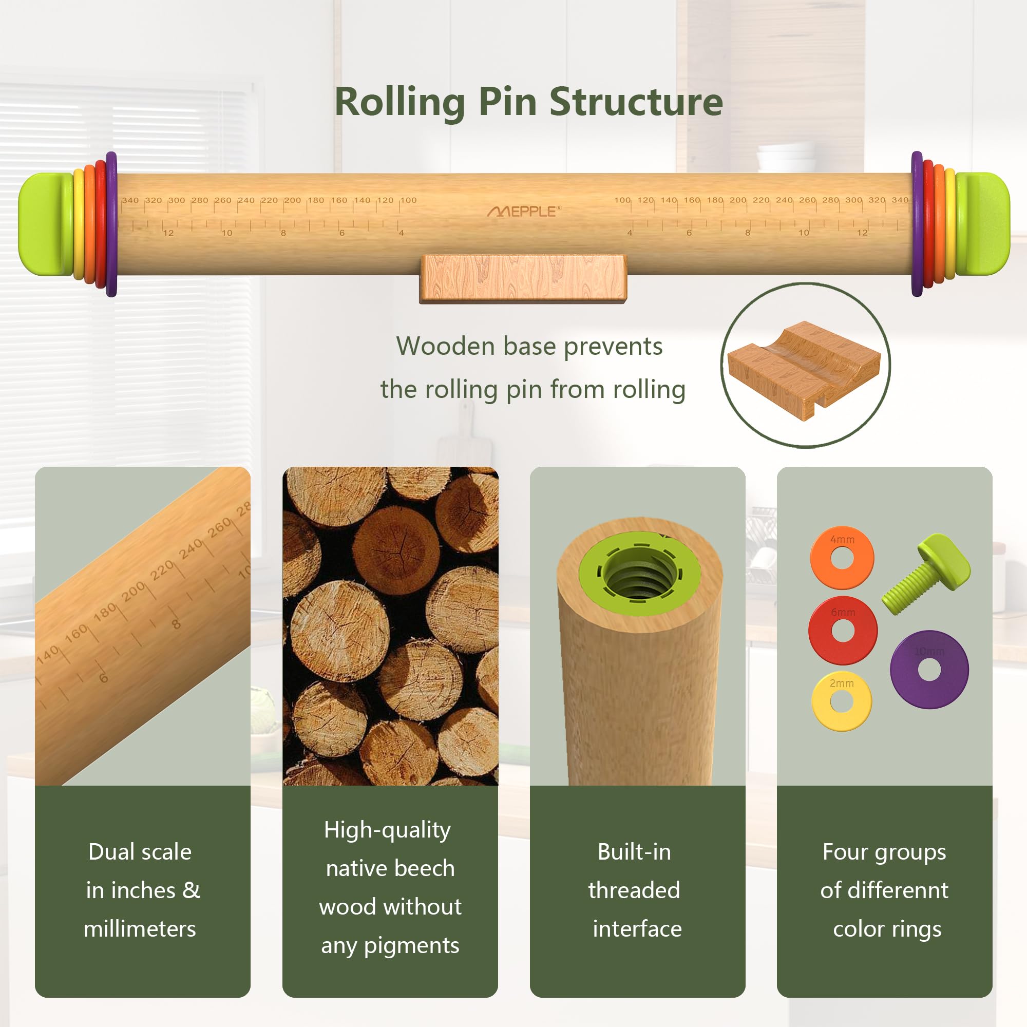 Mepple wooden stand keeping rolling pin upright