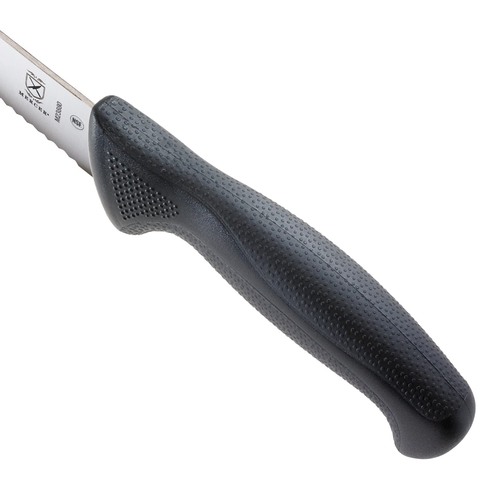 Mercer Millennia knife shows ergonomic black handle for steady slicing comfort.