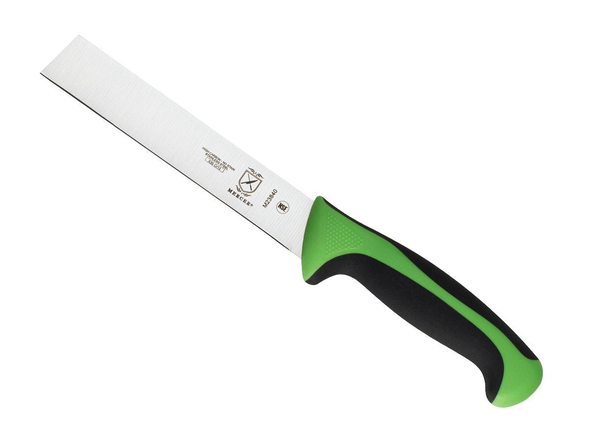 Mercer Culinary Millennia green knife blade close-up for precise cuts.