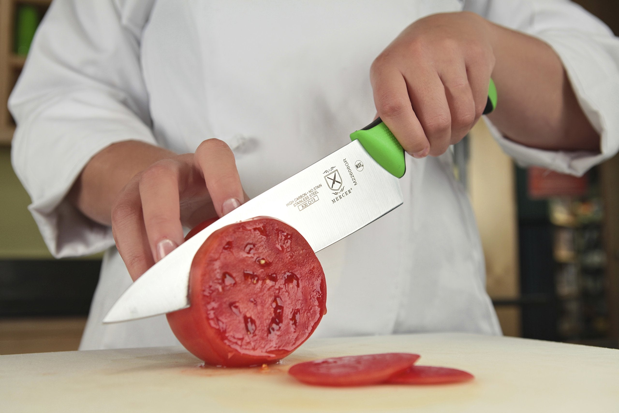 Mercer Culinary Millennia knife with ergonomic green handle for comfortable grip
