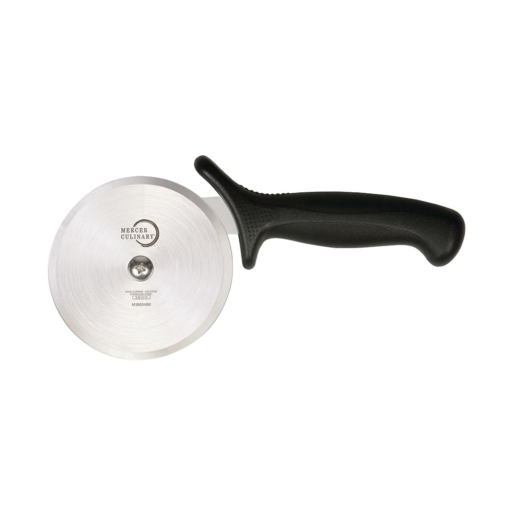 Mercer Culinary Millennia pizza cutter with black handle slicing precisely using a 4-inch wheel.