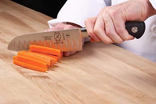 Mercer Genesis 7-Inch Santoku knife on display highlighting forged blade