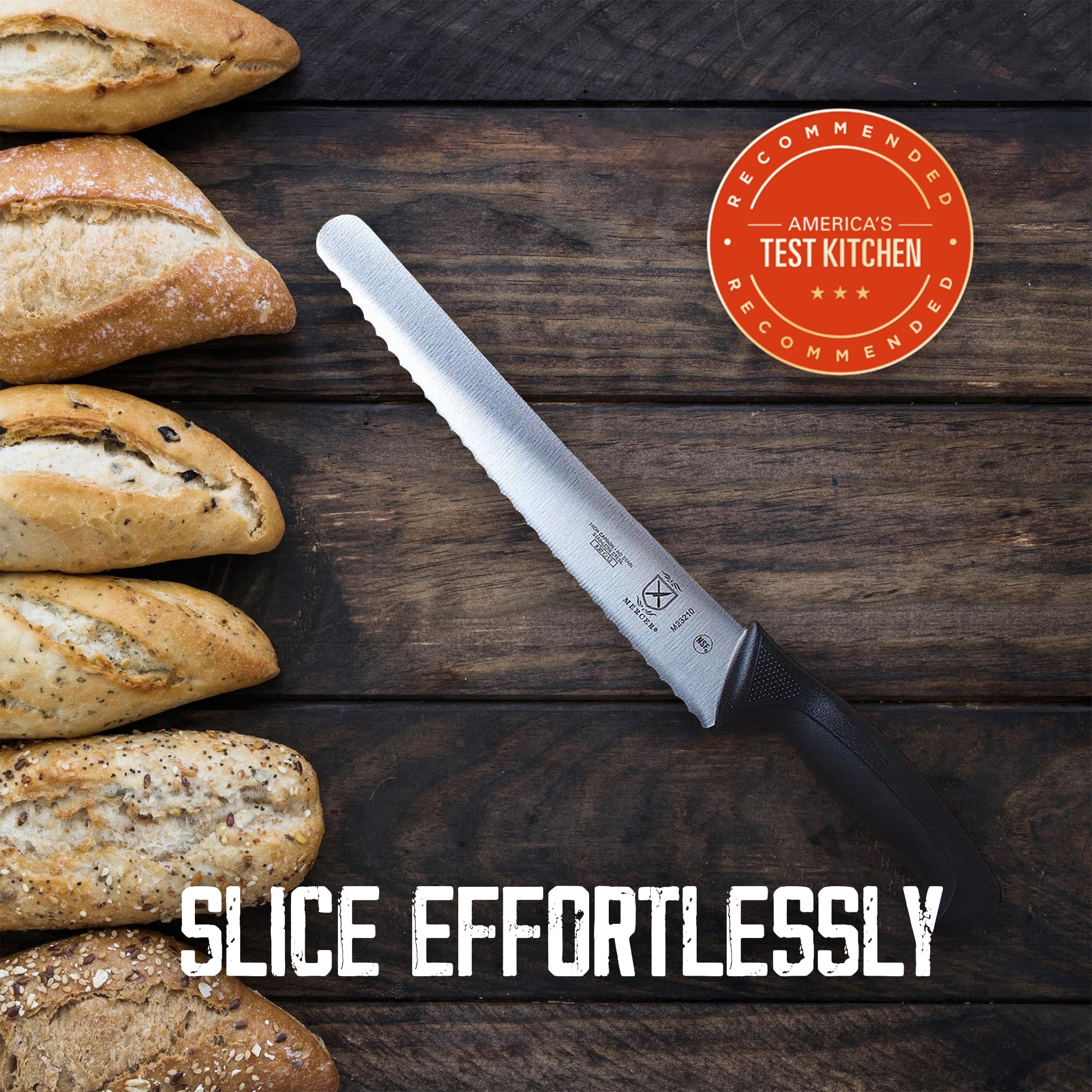 Mercer Millennia bread knife wavy-edge action slicing crust cleanly