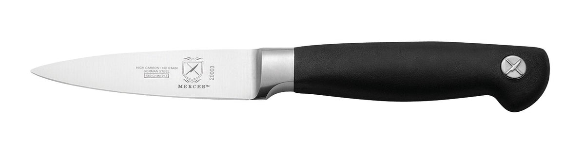 Mercer Culinary Genesis paring knife blade close-up showing durable high-carbon steel for lasting sharpness.
