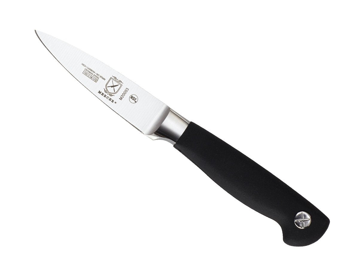 Mercer Culinary Genesis paring knife handle close-up highlighting ergonomic, non-slip Santoprene grip.