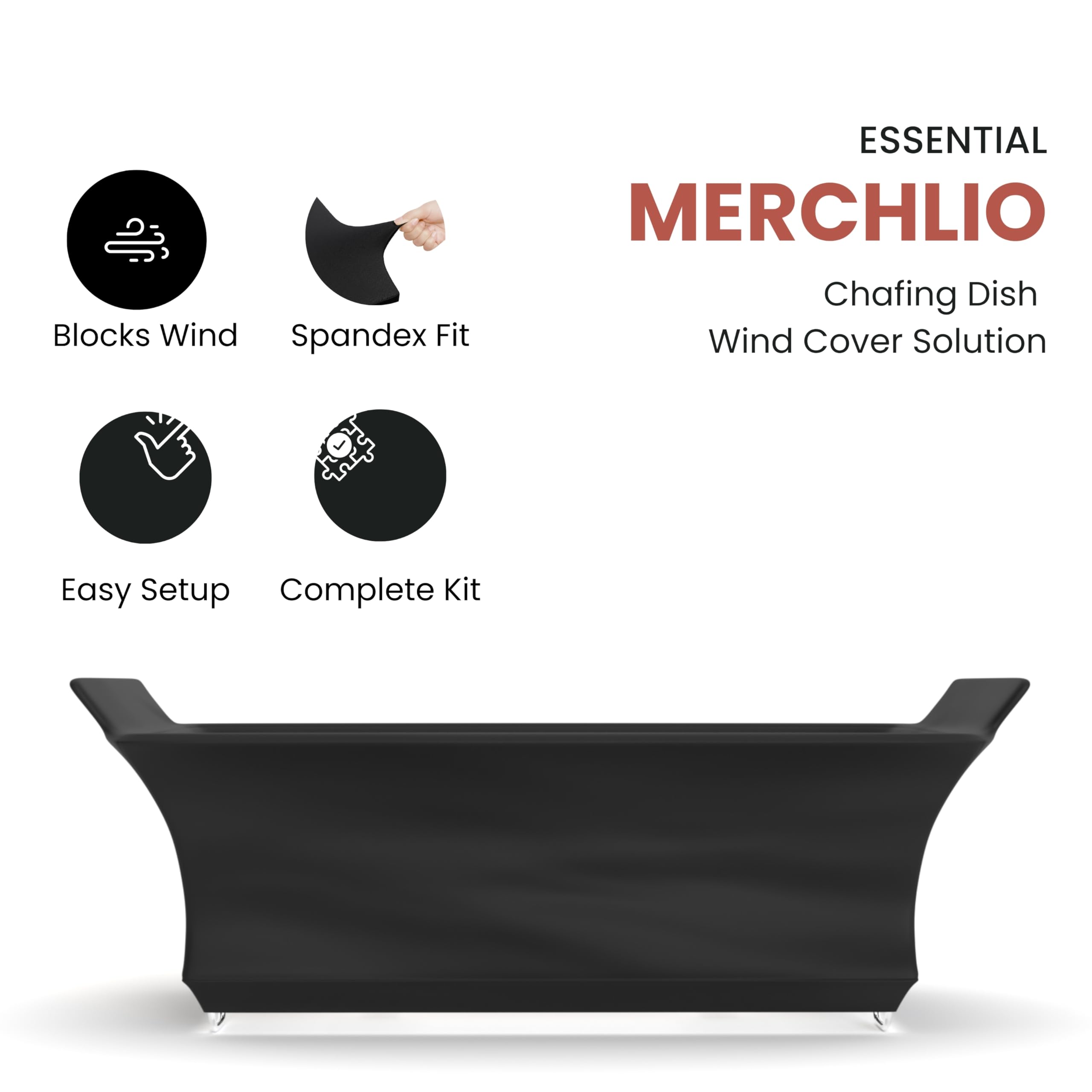 Merchlio chafer wind guard with handles covered for stable buffet setups.