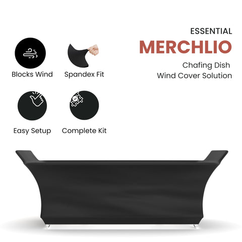 Merchlio chafer wind guard with handles covered for stable buffet setups.