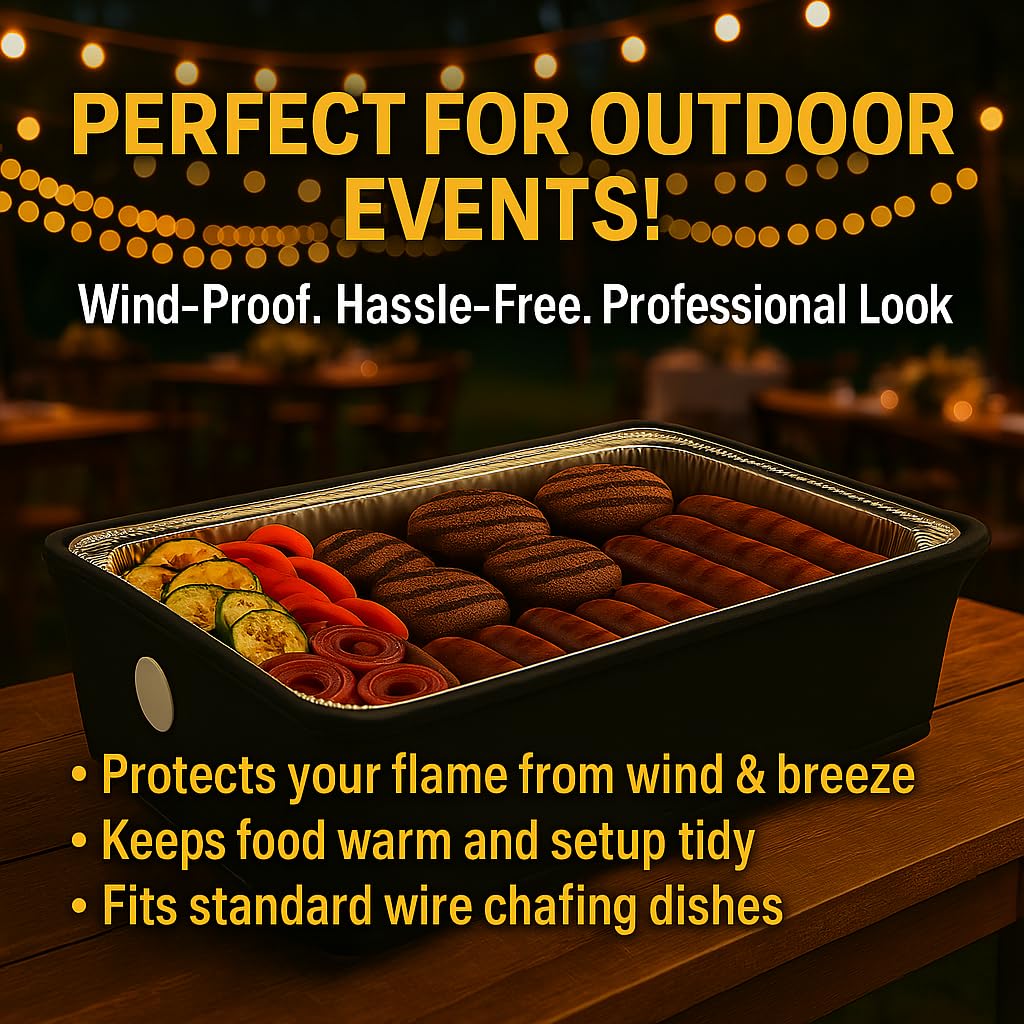 Merchlio pocket-fit wind guard stays secure on chafing rack handles.