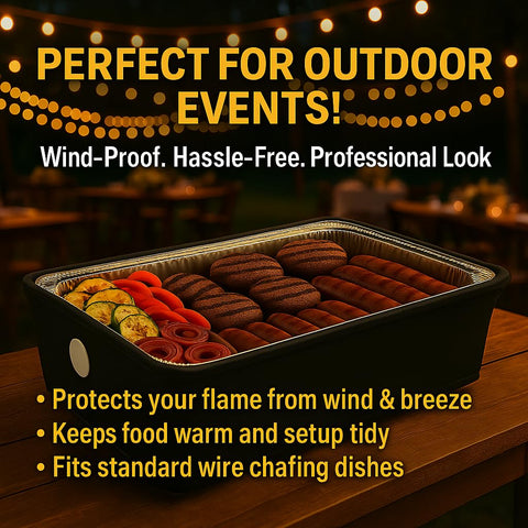Merchlio pocket-fit wind guard stays secure on chafing rack handles.