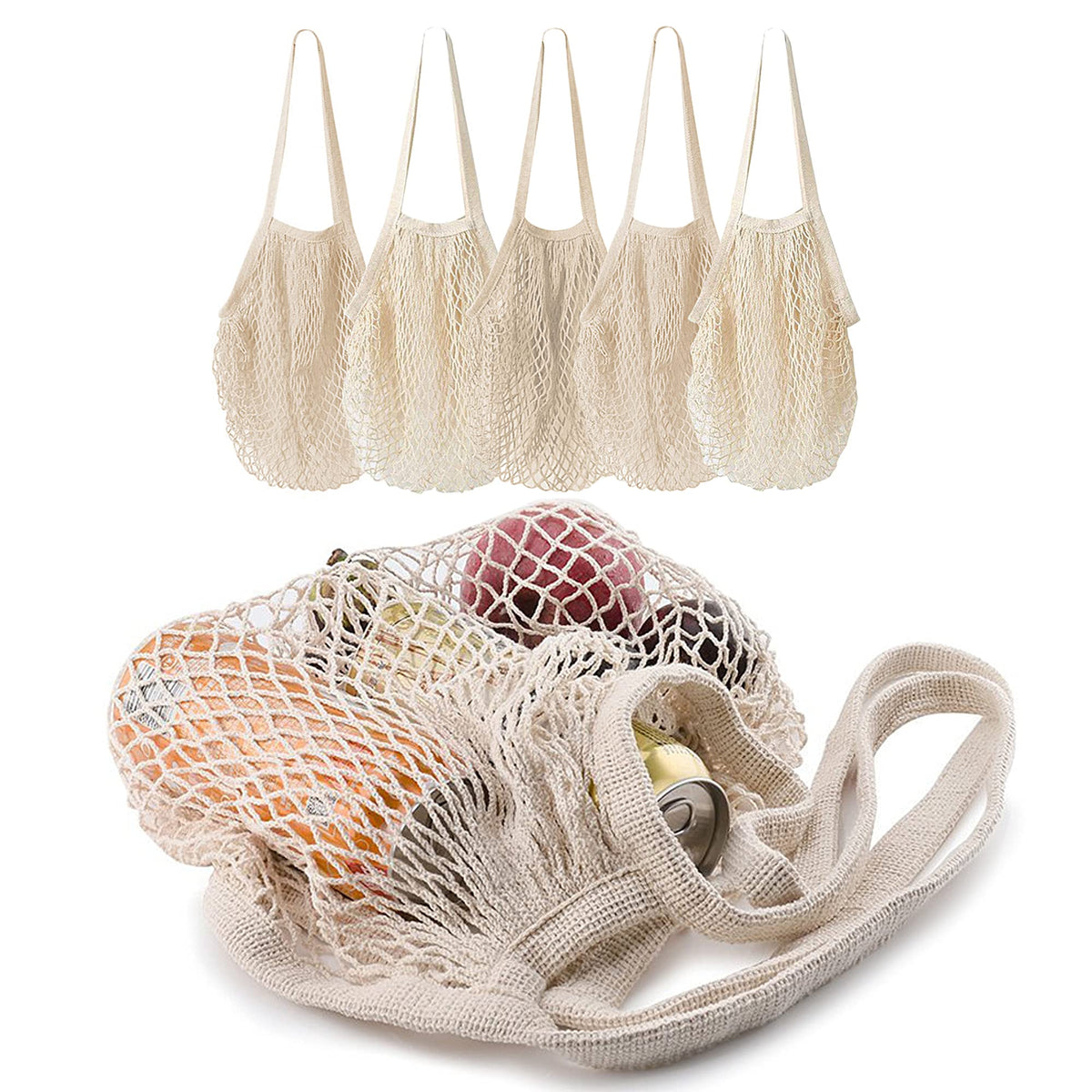 MERCURHOUSE cotton mesh bag with long handle for easy grocery carry.