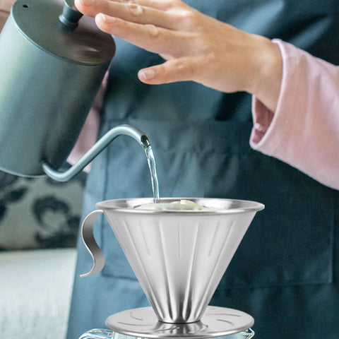 MERMOO YILAN pour-over dripper side view highlighting durable stainless-steel design