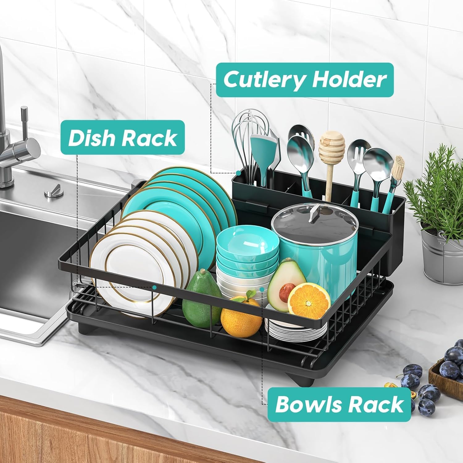 MERRYBOX dish rack in a kitchen with large plate capacity and bowls.