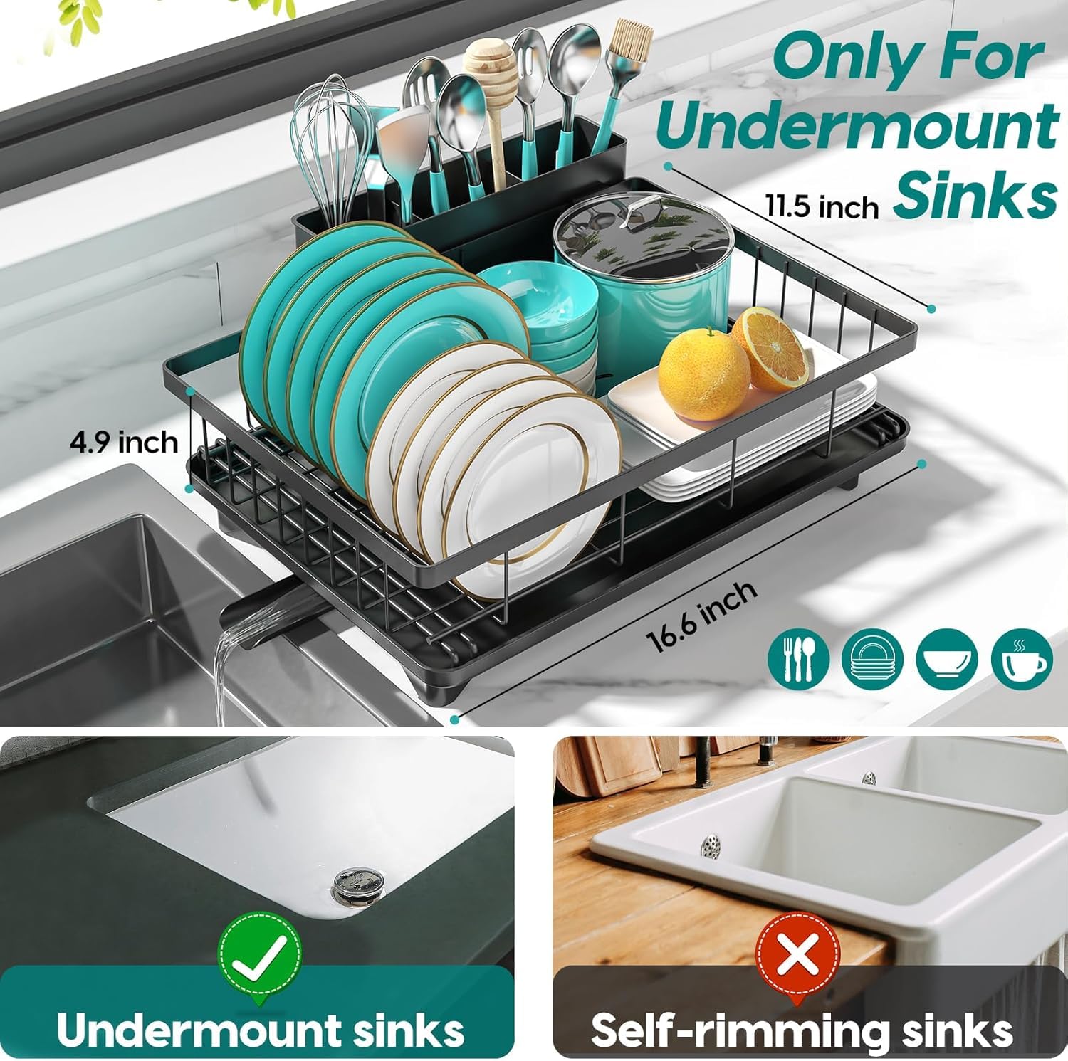 MERRYBOX over-sink dish rack demonstrates rust-proof steel that holds dishes securely.