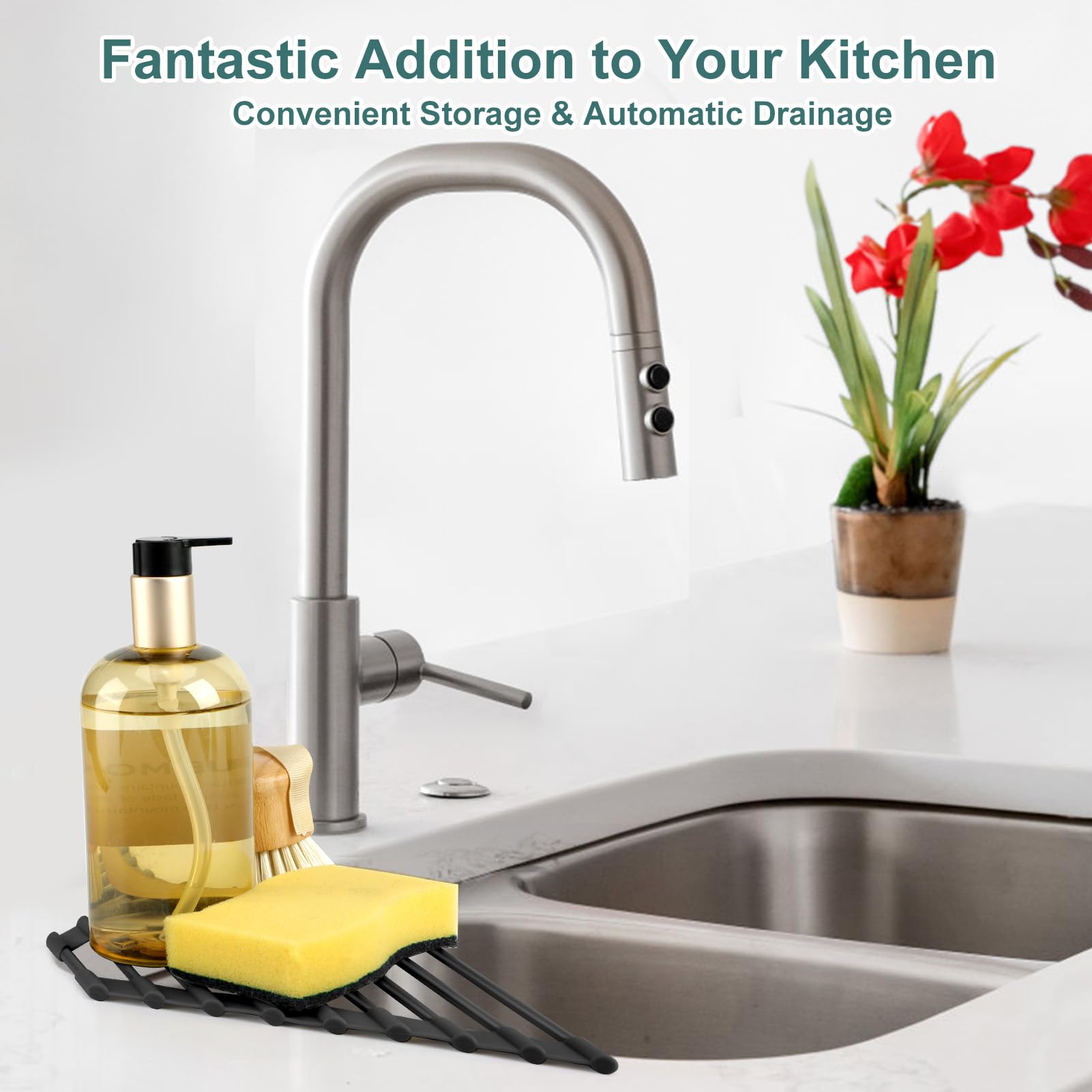MERRYBOX sink organizer roll-up fits standard sinks and stores sponge neatly.
