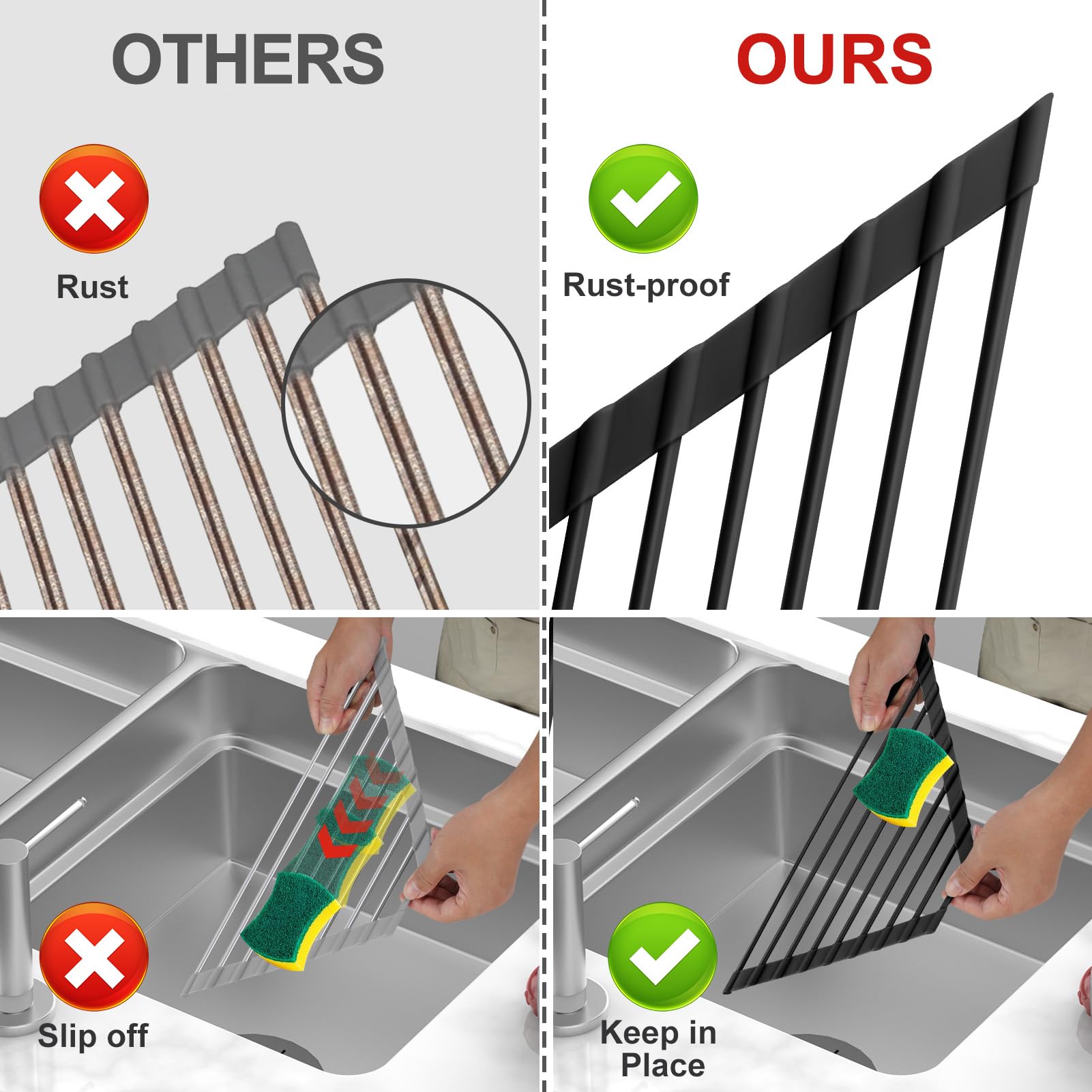 MERRYBOX triangle roll-up over-sink rack, side view highlighting silicone-wrapped stability.