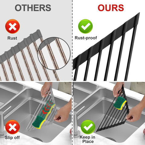 MERRYBOX triangle roll-up over-sink rack, side view highlighting silicone-wrapped stability.