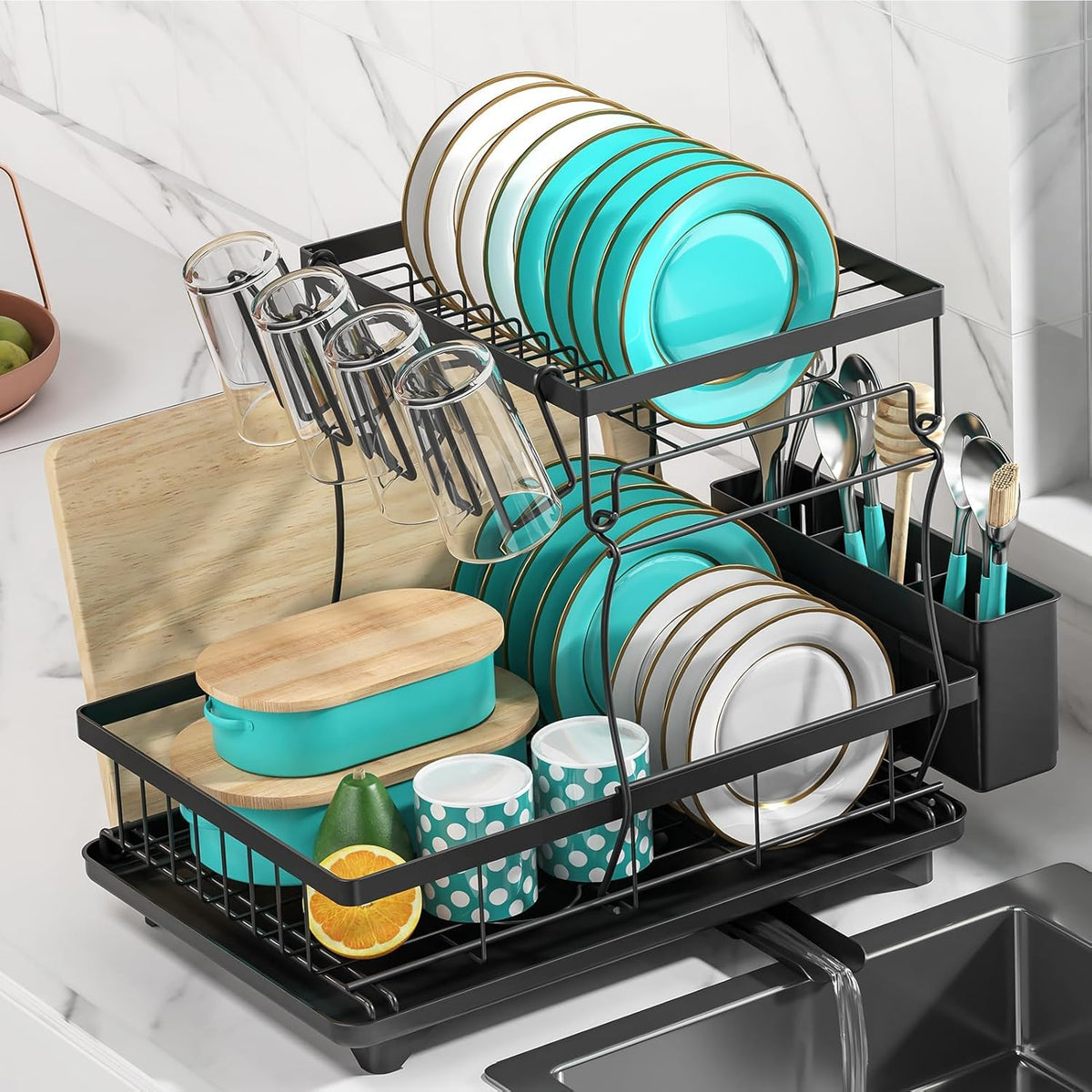 MERRYBOX two-tier rack with utensil holder keeps utensils organized while drying