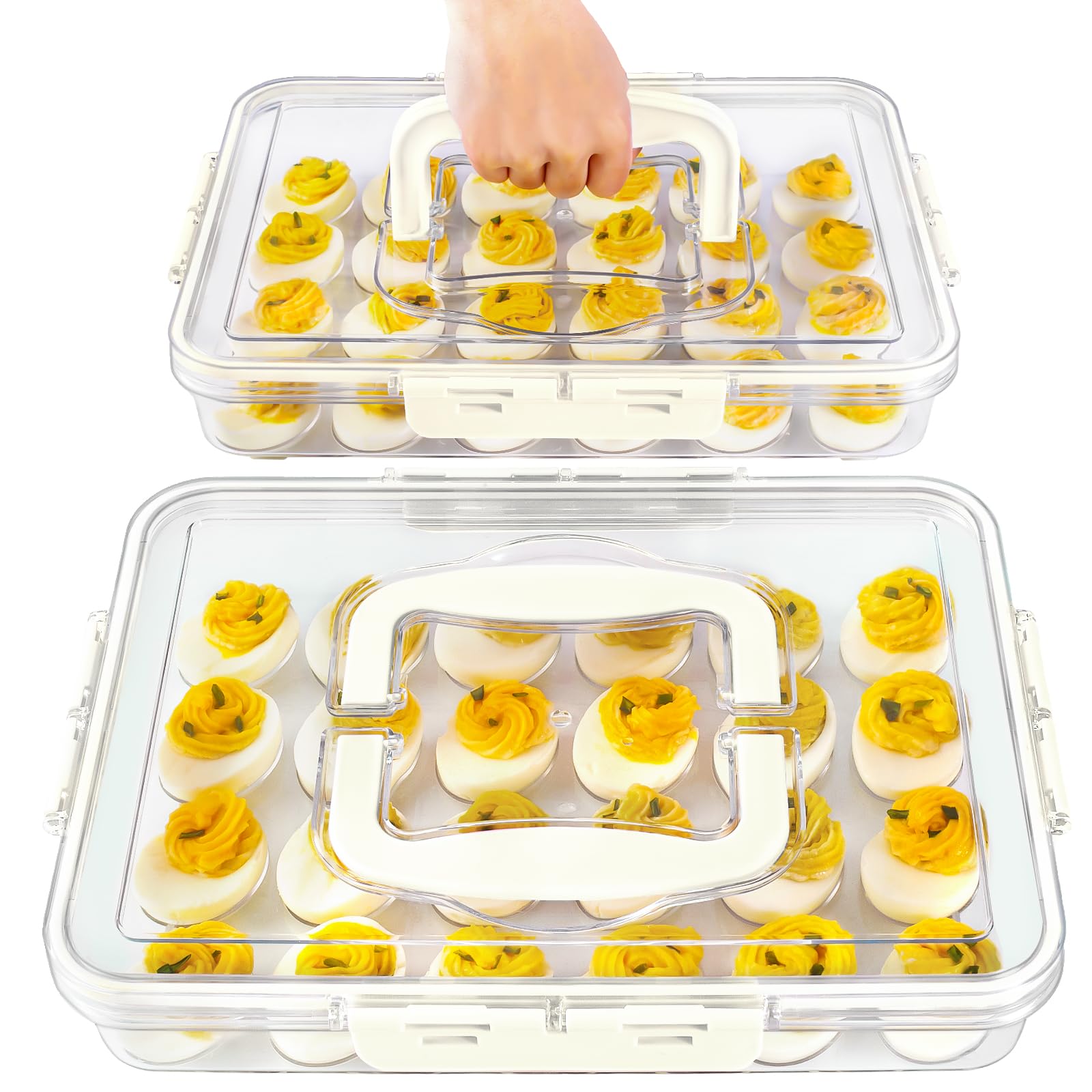 MesRosa deviled egg container with lid and handle for secure transport.
