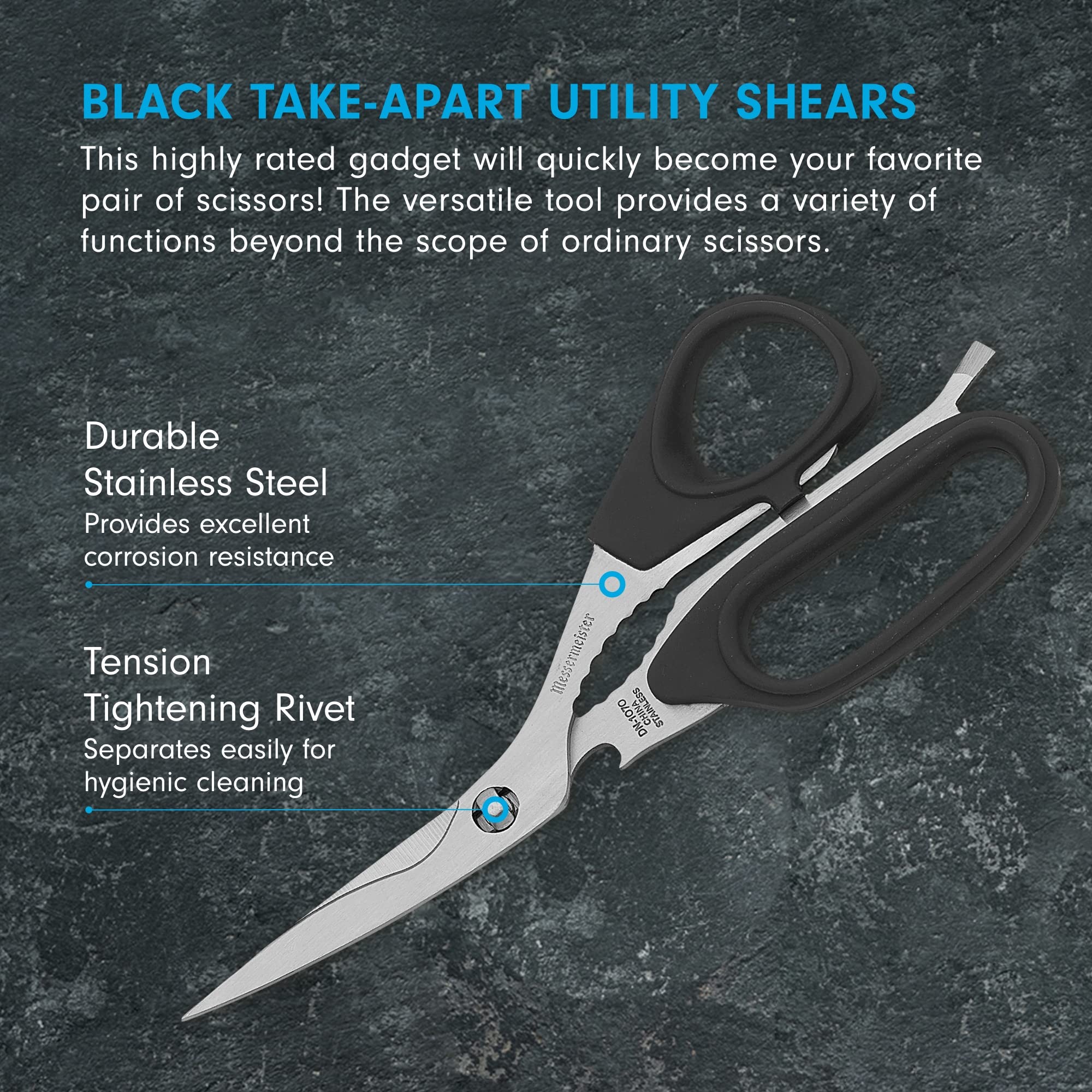 Messermeister Take-Apart Utility Shears separated for hygienic cleaning and easy maintenance.