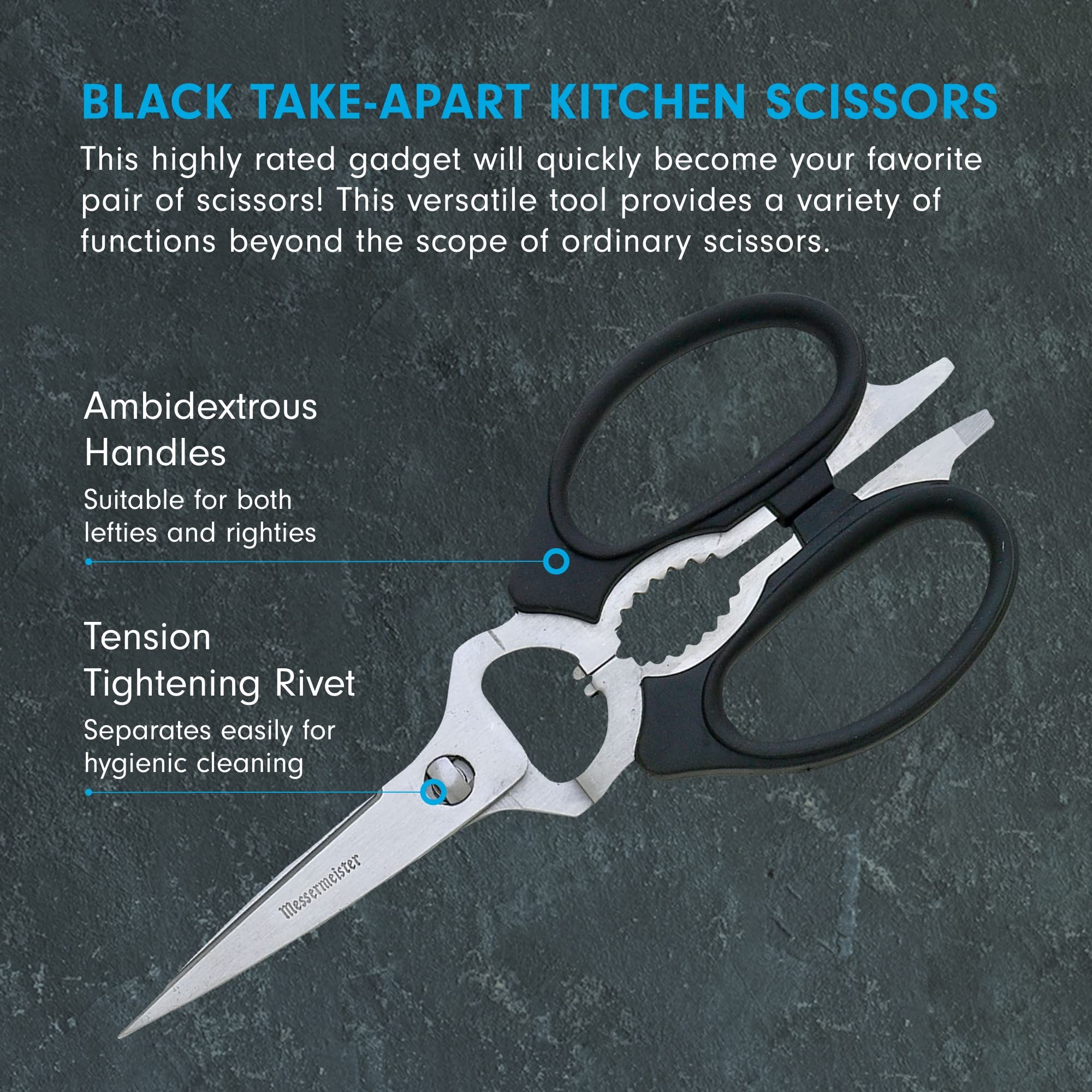 Messermeister take-apart scissors with ambidextrous handles for both left and right hands.