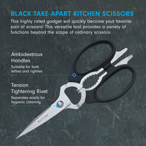 Messermeister take-apart scissors with ambidextrous handles for both left and right hands.