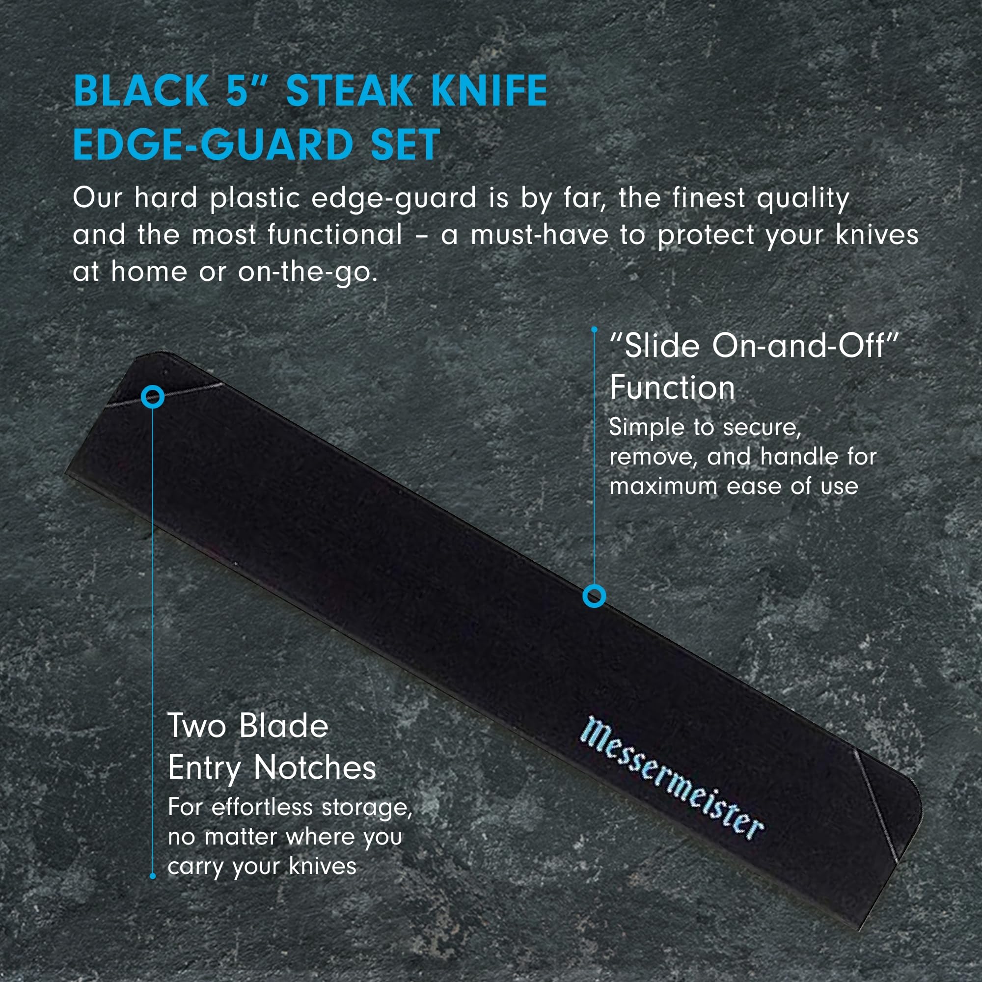 Messermeister edge-guard with two blade-entry notches fits compatible knives.