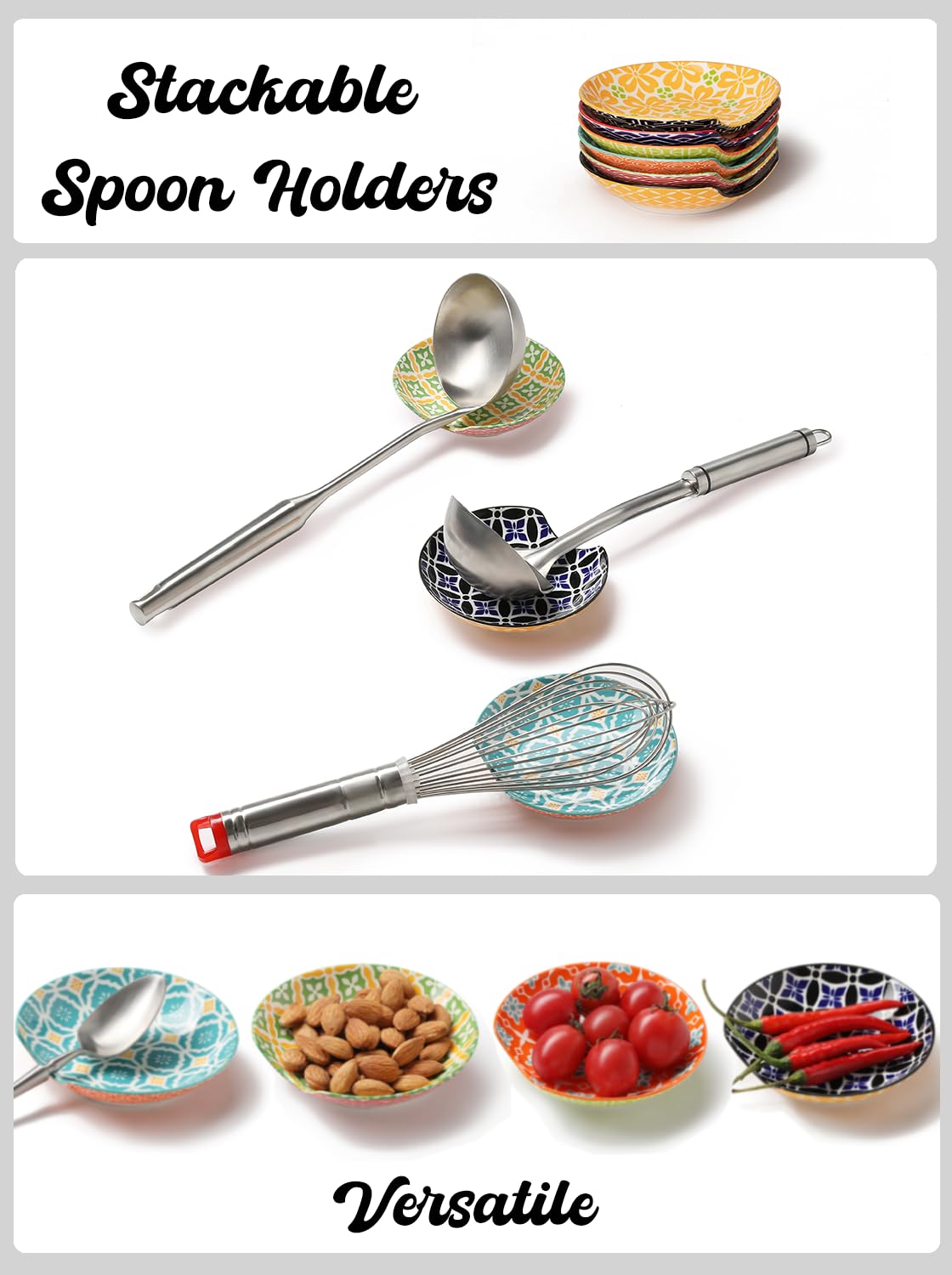 Vibrant Metahom ceramic spoon rests in bold colors brightening the kitchen