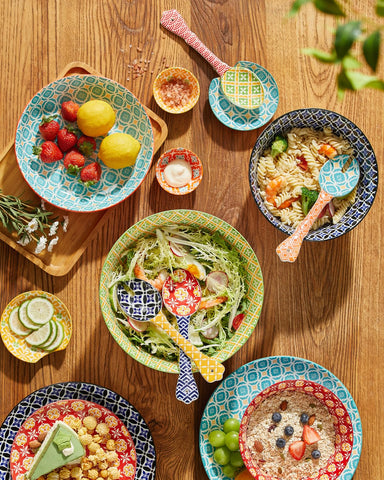 Metahom vibrant orange and red pieces brighten everyday meals.