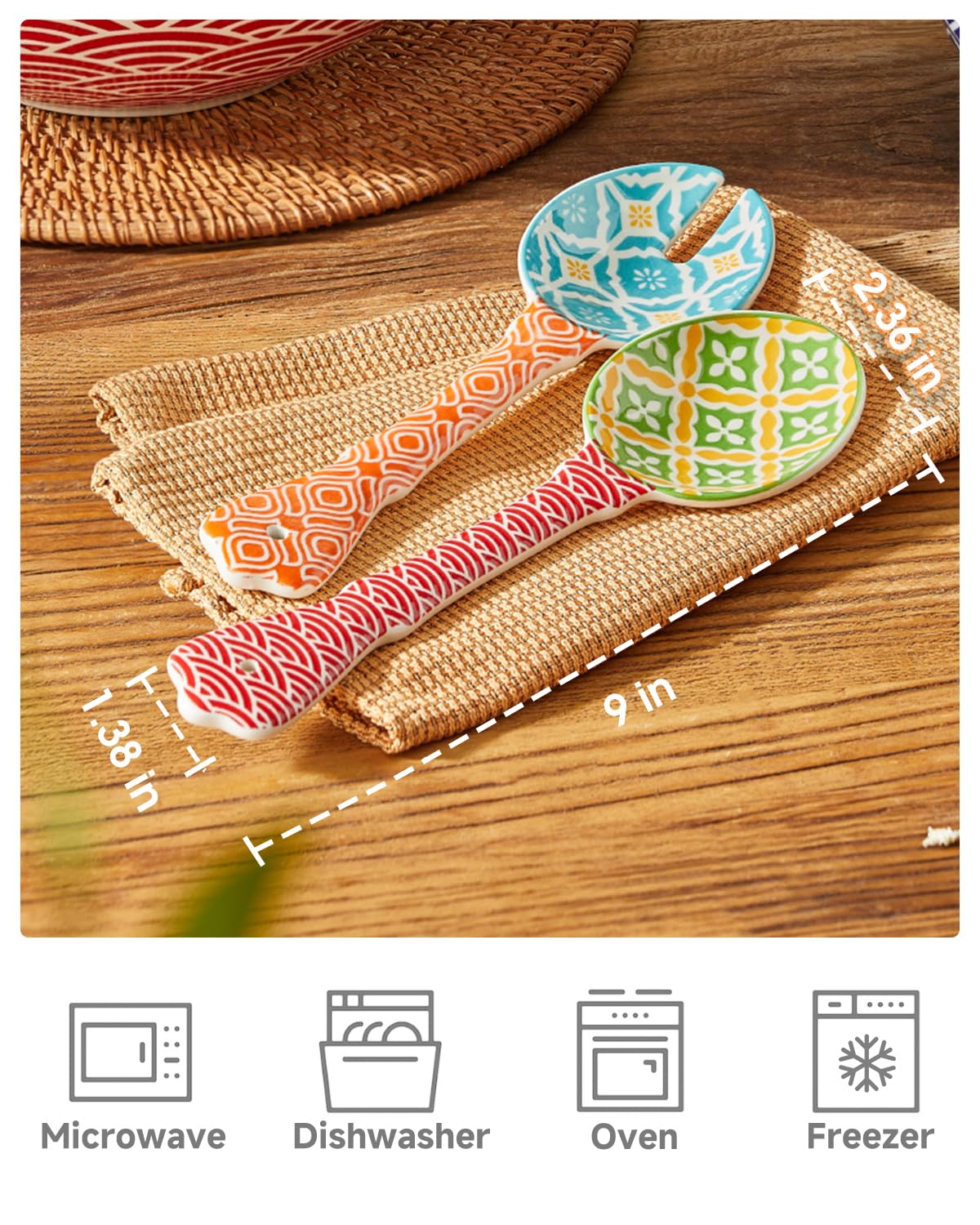 Metahom 9-inch orange spoon and red fork set for versatile use.