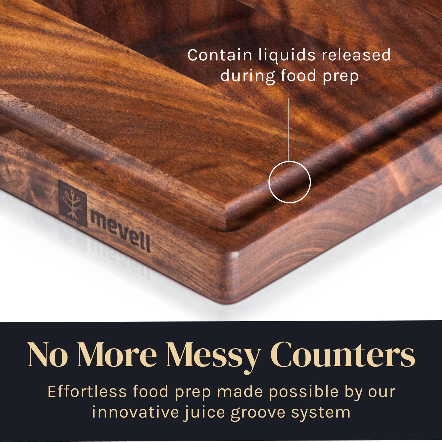 Mevell walnut cutting board doubles as a cheese and charcuterie serving surface.