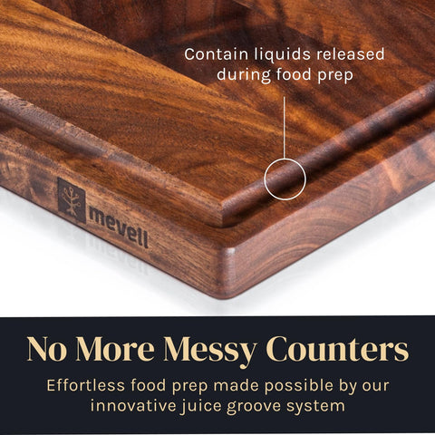 Mevell walnut cutting board doubles as a cheese and charcuterie serving surface.